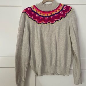Cabi high neck gray sweater with pink and orange neckline details